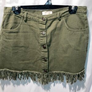 Chic Olive Button-Up Fringe Skirt